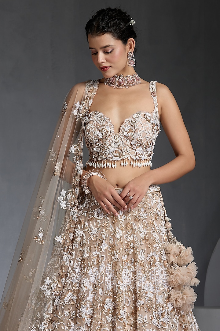 Nude Net Sequins & Beads Embellished Bridal Lehenga Set by Chaashni by Maansi and Ketan at Pernia's Pop Up Shop