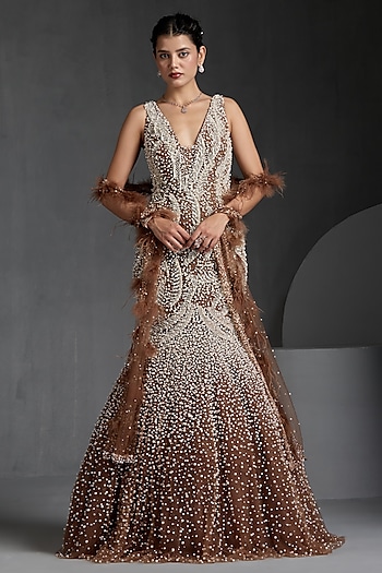 Off-White Net Sequins & Beads Embellished Wedding Gown by Chaashni by Maansi and Ketan at Pernia's Pop Up Shop