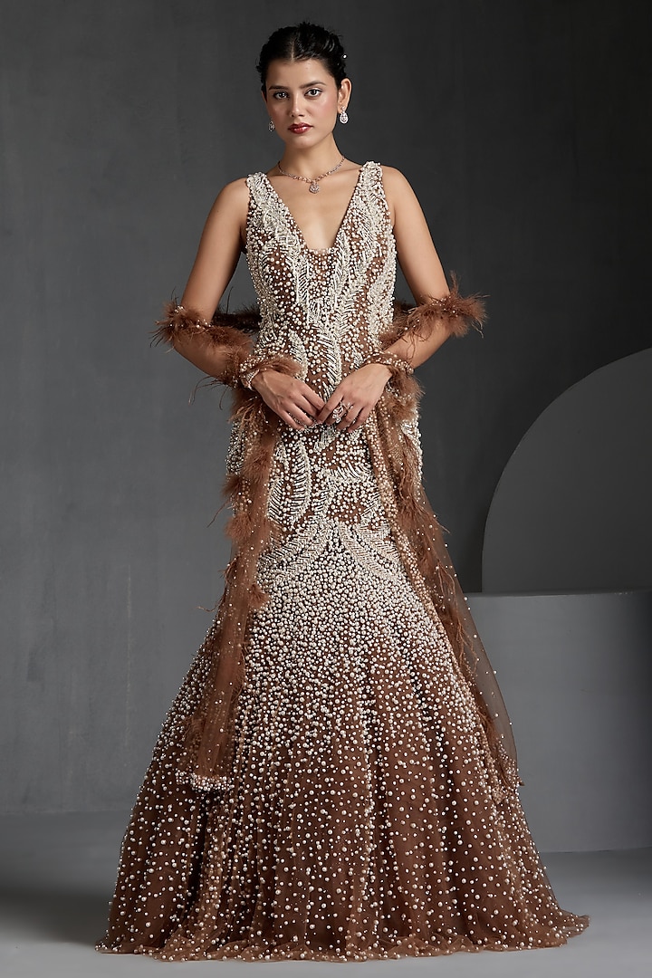 Off-White Net Sequins & Beads Embellished Gown by Chaashni by Maansi and Ketan at Pernia's Pop Up Shop