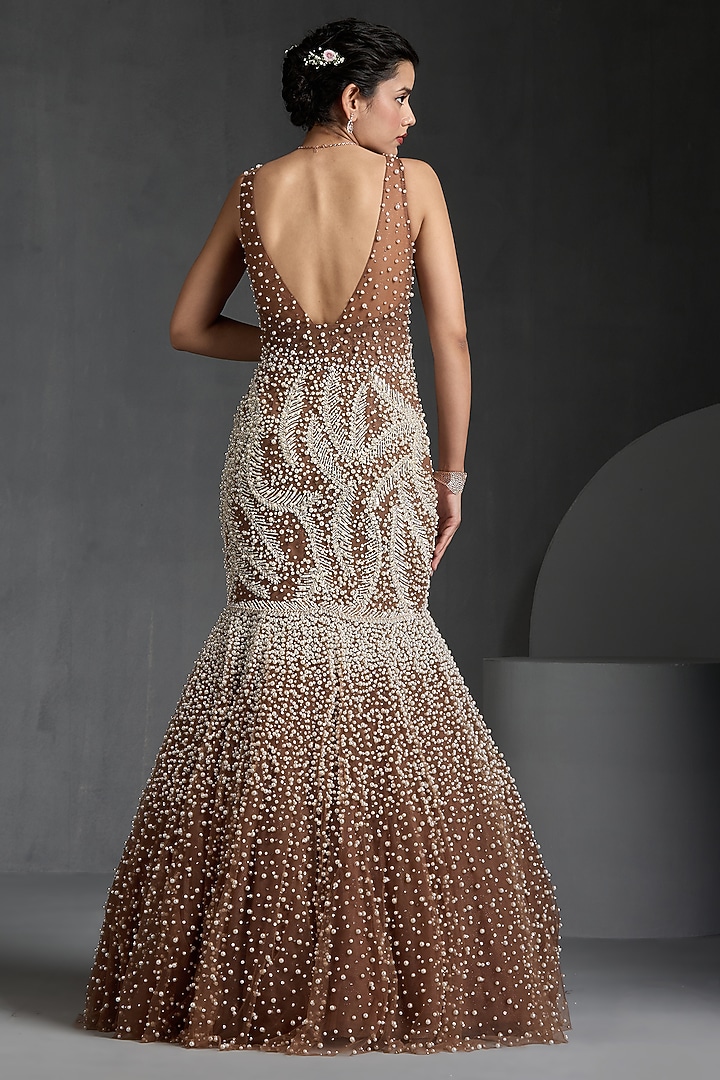 Off-White Net Sequins & Beads Embellished Wedding Gown by Chaashni by Maansi and Ketan at Pernia's Pop Up Shop