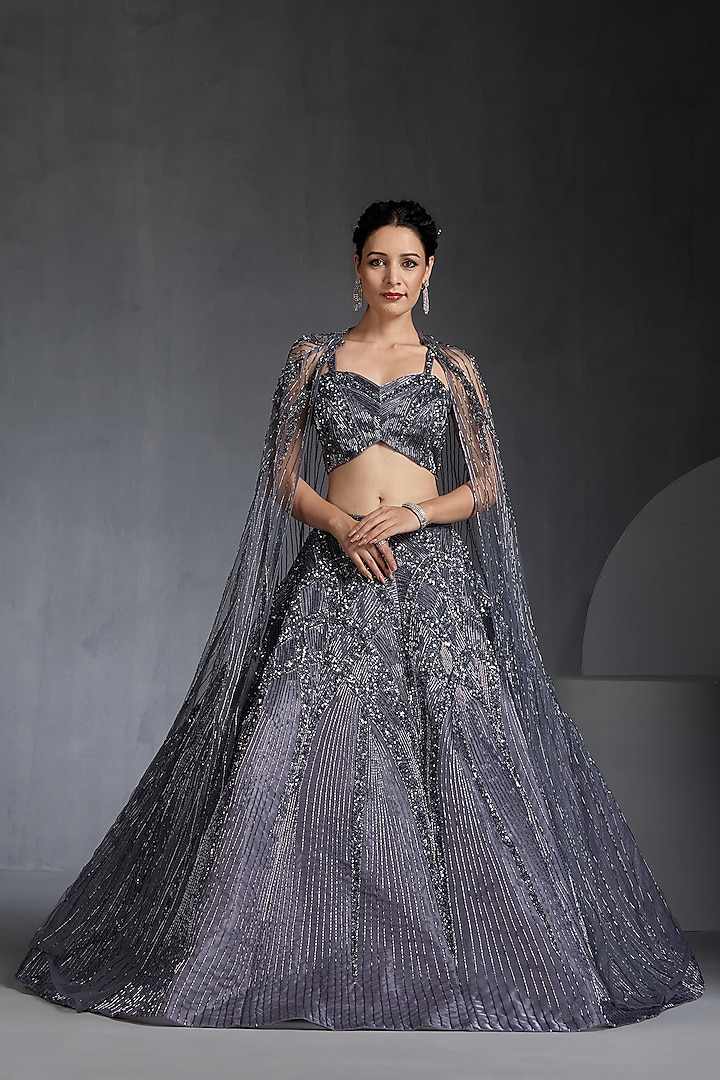 Grey Net Sequins & Beads Embellished Wedding Lehenga Set by Chaashni by Maansi and Ketan at Pernia's Pop Up Shop