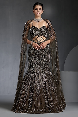 Green Net Cutdana & Beads Embellished Cape Gown by Chaashni by Maansi and Ketan