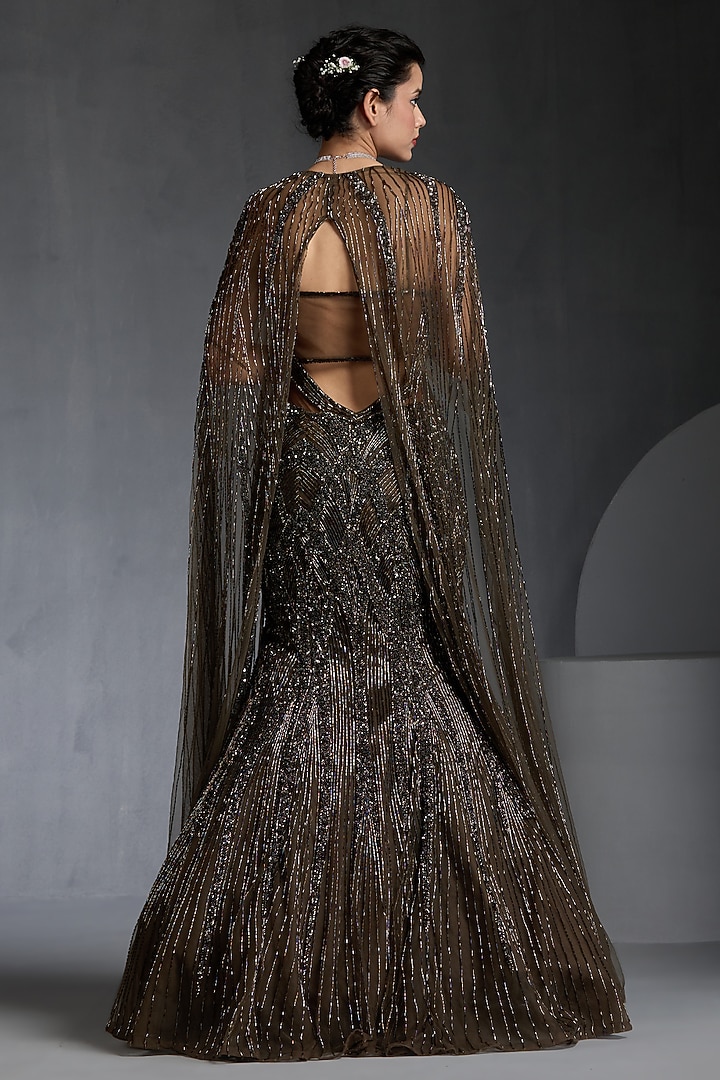 Green Net Cutdana & Beads Embellished Cape Wedding Gown by Chaashni by Maansi and Ketan at Pernia's Pop Up Shop