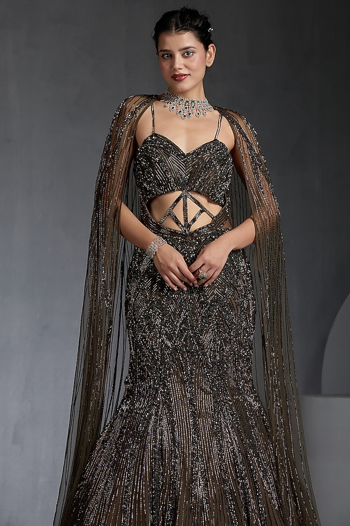 Green Net Cutdana & Beads Embellished Cape Wedding Gown by Chaashni by Maansi and Ketan at Pernia's Pop Up Shop