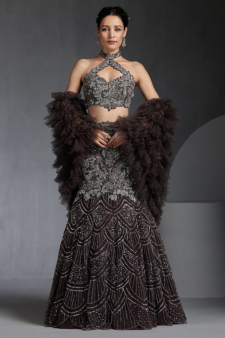 Grey Net Sequins & Stone Embellished Wedding Lehenga Set by Chaashni by Maansi and Ketan at Pernia's Pop Up Shop