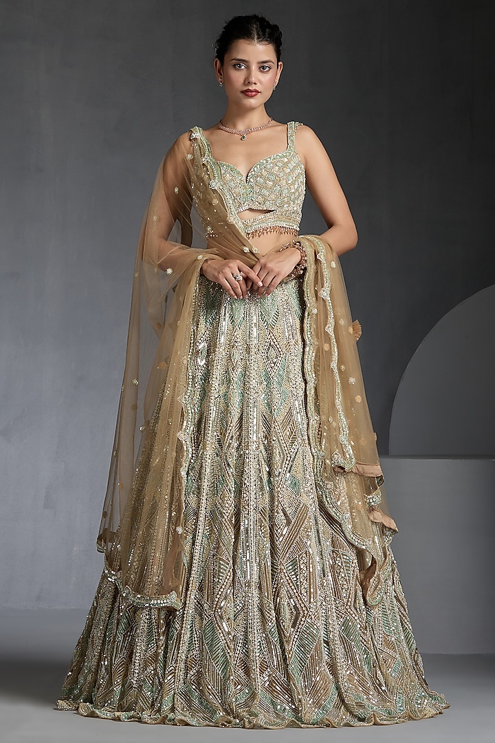 Gold Net Sequins & Stone Embellished Bridal Lehenga Set by Chaashni by Maansi and Ketan at Pernia's Pop Up Shop