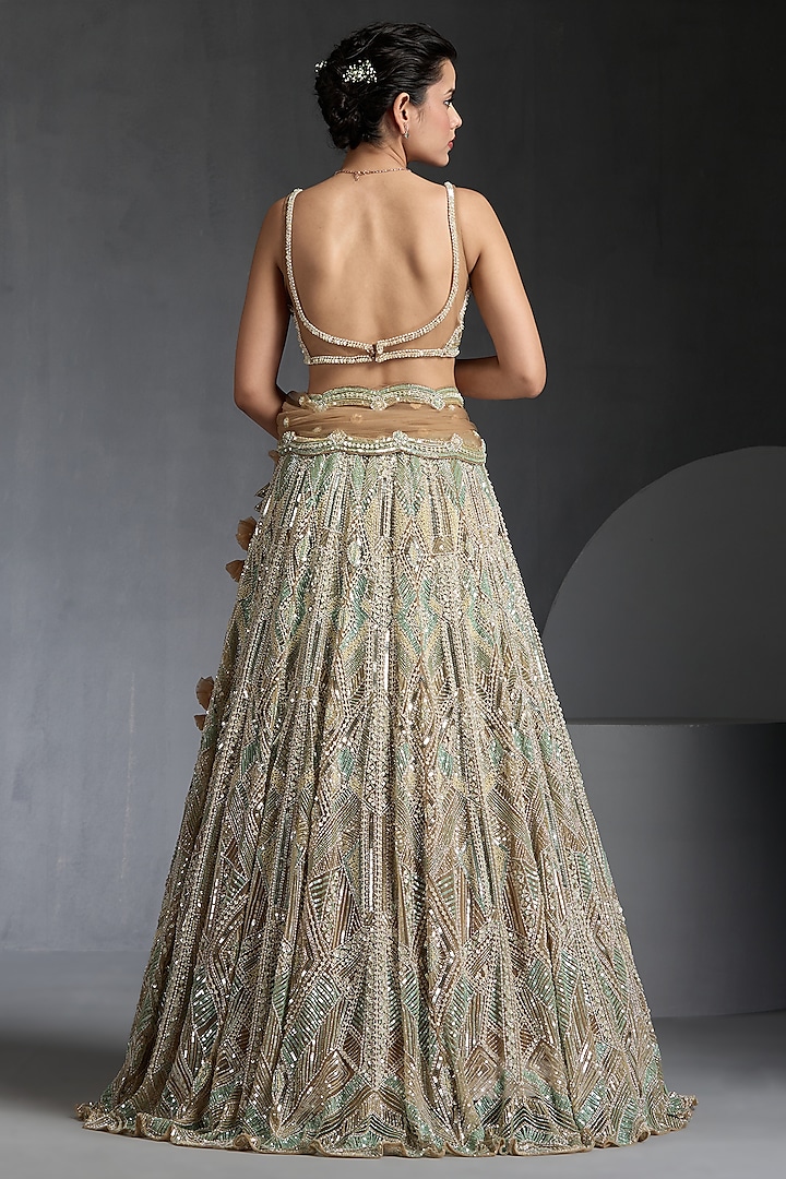 Gold Net Sequins & Stone Embellished Bridal Lehenga Set by Chaashni by Maansi and Ketan at Pernia's Pop Up Shop