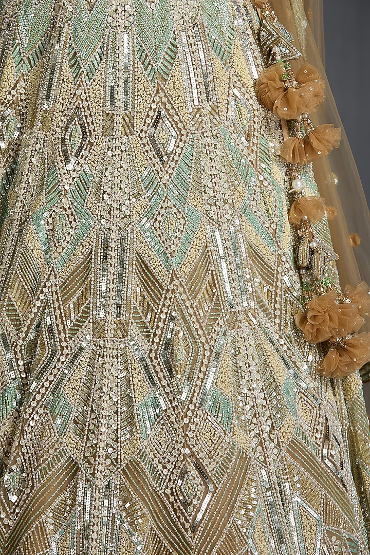Gold Net Sequins & Stone Embellished Bridal Lehenga Set by Chaashni by Maansi and Ketan at Pernia's Pop Up Shop