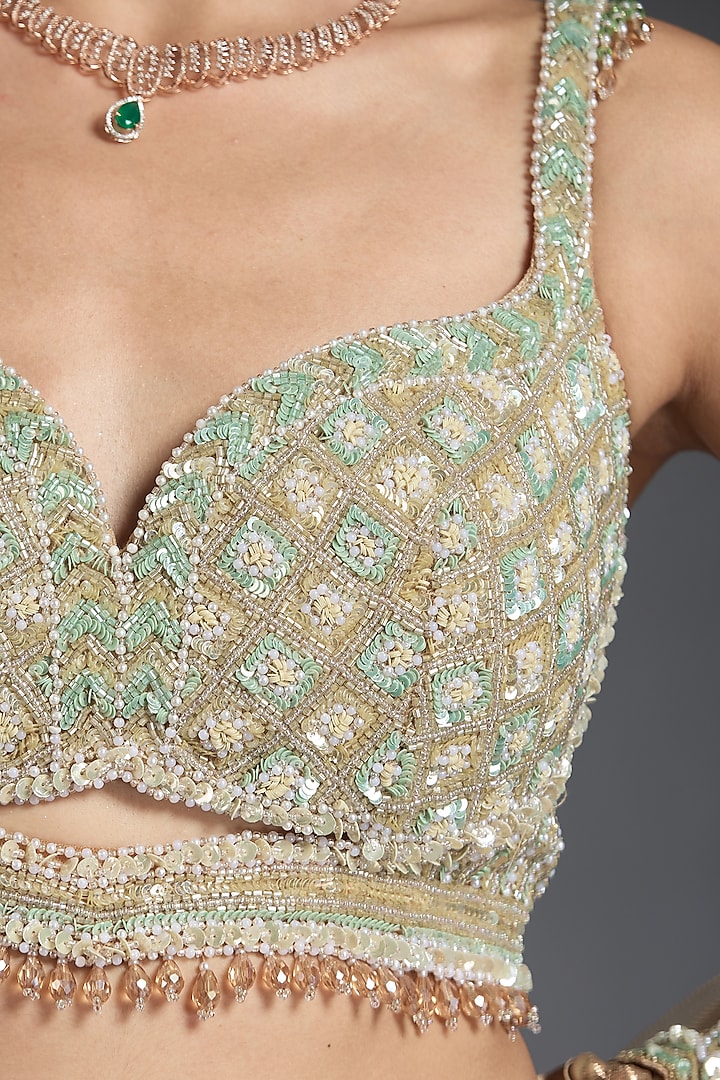 Gold Net Sequins & Stone Embellished Bridal Lehenga Set by Chaashni by Maansi and Ketan at Pernia's Pop Up Shop