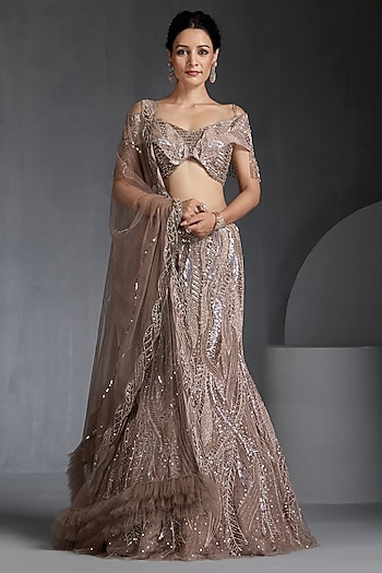 Champagne Net Sequins & Zirconss Embellished Wedding Lehenga Set by Chaashni by Maansi and Ketan at Pernia's Pop Up Shop