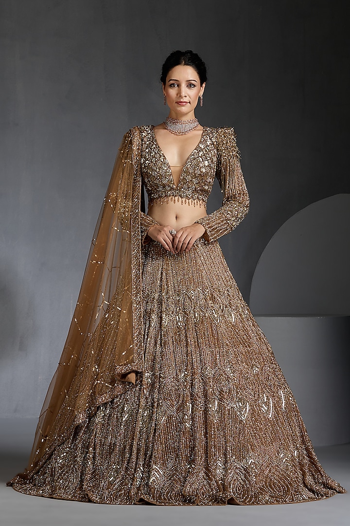 Gold Net Sequins & Zircons Embellished Bridal Lehenga Set by Chaashni by Maansi and Ketan at Pernia's Pop Up Shop