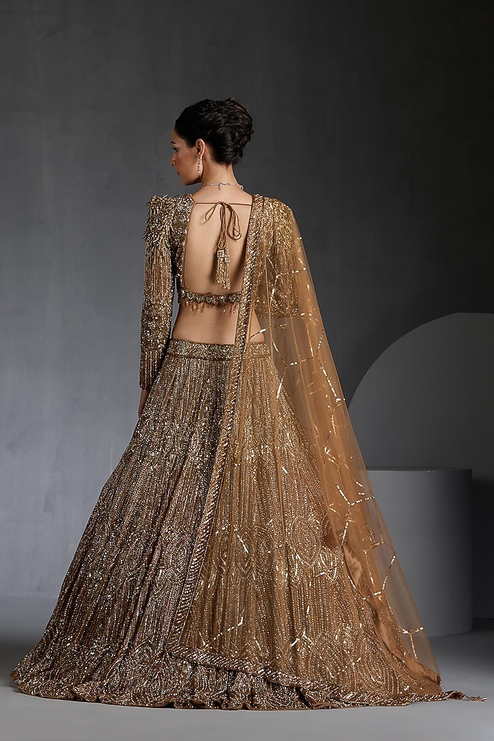 Gold Net Sequins & Zircons Embellished Bridal Lehenga Set by Chaashni by Maansi and Ketan at Pernia's Pop Up Shop