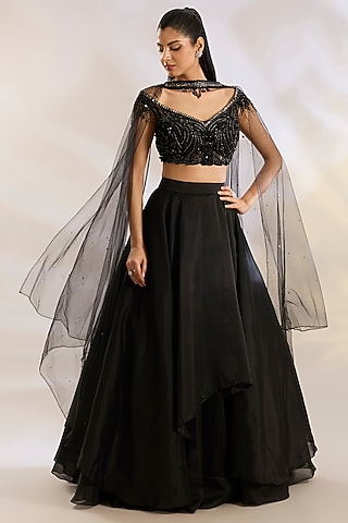 Black Organza & Net Sequins Embellished Lehenga Set by Chaashni by Maansi and Ketan