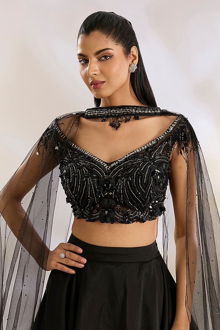 Black Organza & Net Sequins Embellished Wedding Lehenga Set by Chaashni by Maansi and Ketan at Pernia's Pop Up Shop