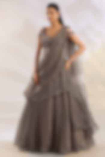 Champagne Organza Pearl Embellished Drape Wedding Lehenga Set by Chaashni by Maansi and Ketan at Pernia's Pop Up Shop