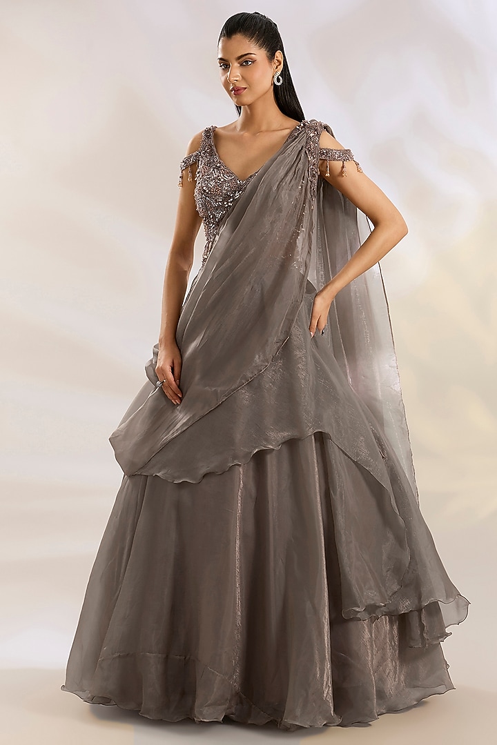 Champagne Organza Pearl Embellished Drape Wedding Lehenga Set by Chaashni by Maansi and Ketan at Pernia's Pop Up Shop