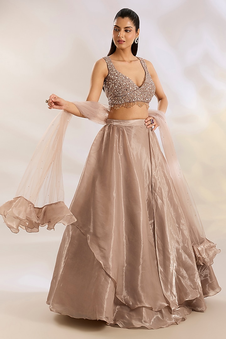 Champagne Organza & Net Sequins Embellished Wedding Lehenga Set by Chaashni by Maansi and Ketan at Pernia's Pop Up Shop