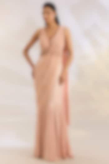 Peach Net & Lycra Sequins Embellished Wedding Lehenga Saree Set by Chaashni by Maansi and Ketan at Pernia's Pop Up Shop