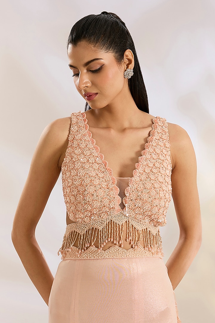Peach Net & Lycra Sequins Embellished Wedding Lehenga Saree Set by Chaashni by Maansi and Ketan at Pernia's Pop Up Shop
