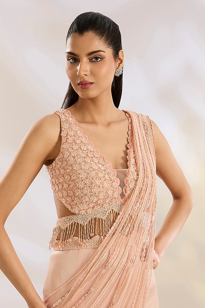 Peach Net & Lycra Sequins Embellished Wedding Lehenga Saree Set by Chaashni by Maansi and Ketan at Pernia's Pop Up Shop