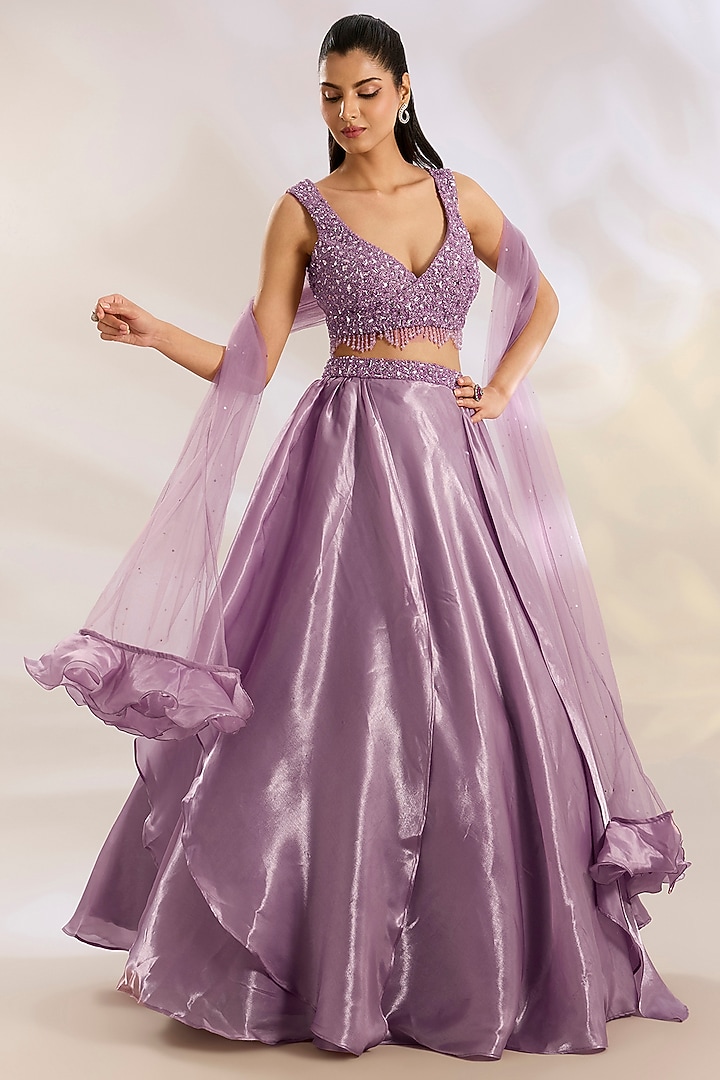 Mauve Organza & Net Sequins Embellished Wedding Lehenga Set by Chaashni by Maansi and Ketan at Pernia's Pop Up Shop