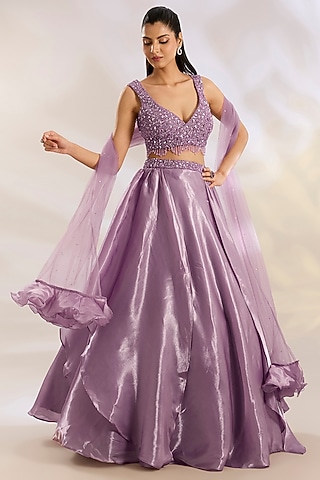 Mauve Organza & Net Sequins Embellished Lehenga Set by Chaashni by Maansi and Ketan