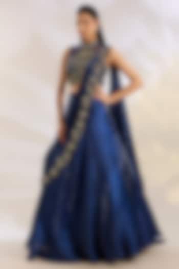 Blue Organza & Net Pearl Embellished Drape Wedding Lehenga Set by Chaashni by Maansi and Ketan at Pernia's Pop Up Shop