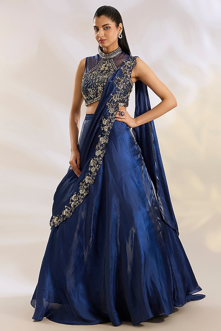 Blue Organza & Net Pearl Embellished Drape Wedding Lehenga Set by Chaashni by Maansi and Ketan at Pernia's Pop Up Shop