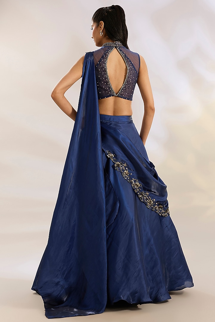 Blue Organza & Net Pearl Embellished Drape Wedding Lehenga Set by Chaashni by Maansi and Ketan at Pernia's Pop Up Shop