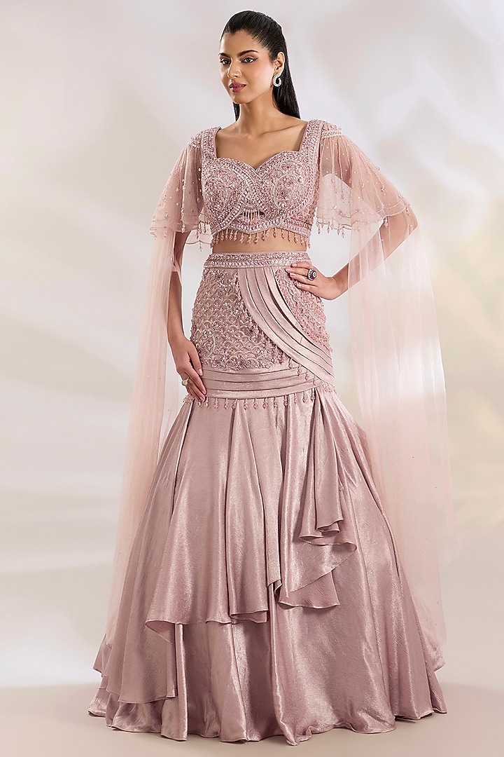 Dusty Pink Imported Satin & Net Sequins Embellished Wedding Lehenga Set by Chaashni by Maansi and Ketan at Pernia's Pop Up Shop