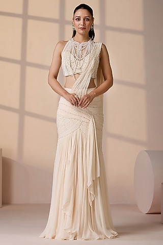 Ivory Georgette & Net Stitched Saree Set by Chaashni by Maansi and Ketan