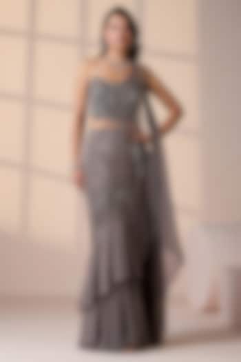 Grey Georgette & Net Wedding Lehenga Saree Set by Chaashni by Maansi and Ketan at Pernia's Pop Up Shop