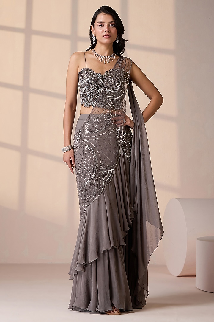 Grey Georgette & Net Wedding Lehenga Saree Set by Chaashni by Maansi and Ketan at Pernia's Pop Up Shop