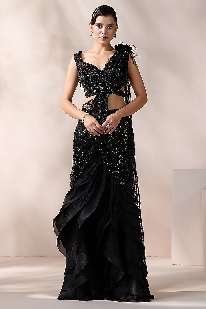 Black Organza & Net Stitched Wedding Saree Set by Chaashni by Maansi and Ketan at Pernia's Pop Up Shop