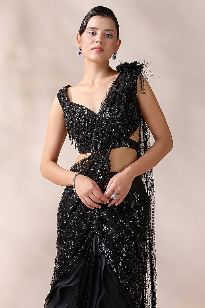 Black Organza & Net Stitched Wedding Saree Set by Chaashni by Maansi and Ketan at Pernia's Pop Up Shop