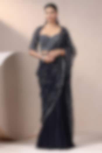 Navy Blue Net & Art Crepe Pearl Embellished Reception Lehenga Saree Set by Chaashni by Maansi and Ketan at Pernia's Pop Up Shop