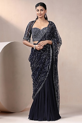 Navy Blue Net & Art Crepe Pearl Embellished Lehenga Saree Set by Chaashni by Maansi and Ketan