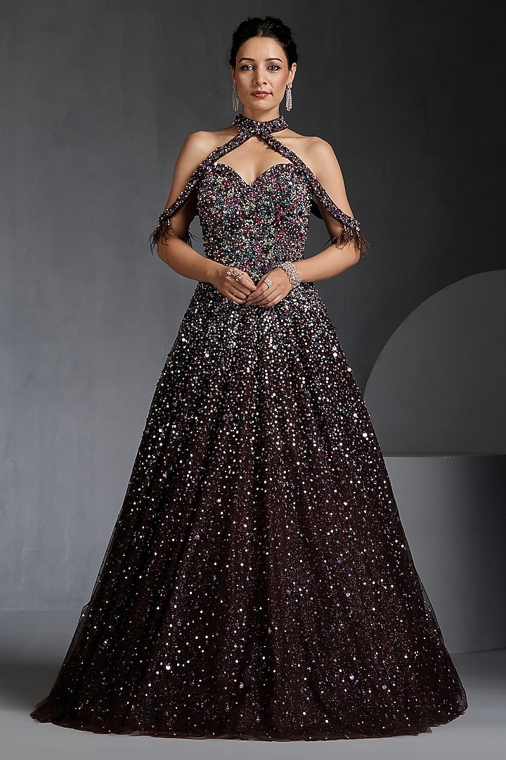 Brown Net Sequins Embellished Engagement Gown by Chaashni by Maansi and Ketan at Pernia's Pop Up Shop
