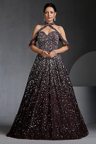 Brown Net Sequins Embellished Gown by Chaashni by Maansi and Ketan