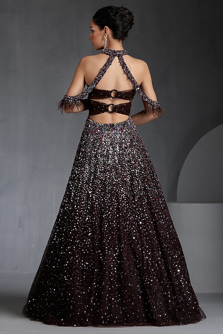 Brown Net Sequins Embellished Engagement Gown by Chaashni by Maansi and Ketan at Pernia's Pop Up Shop