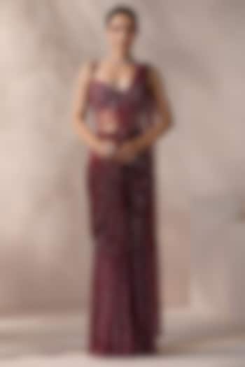 Red Net Embroidered Stitched Wedding Saree Set by Chaashni by Maansi and Ketan at Pernia's Pop Up Shop