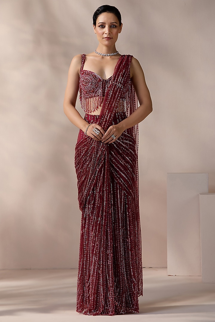 Red Net Embroidered Stitched Wedding Saree Set by Chaashni by Maansi and Ketan at Pernia's Pop Up Shop