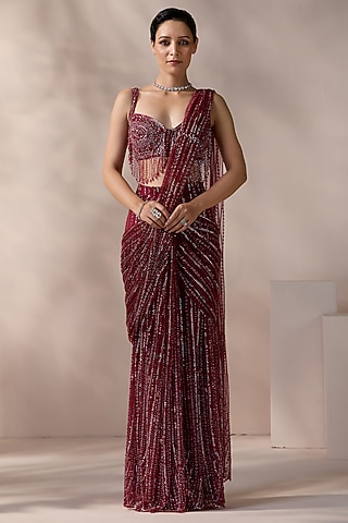Red Net Embroidered Stitched Saree Set by Chaashni by Maansi and Ketan