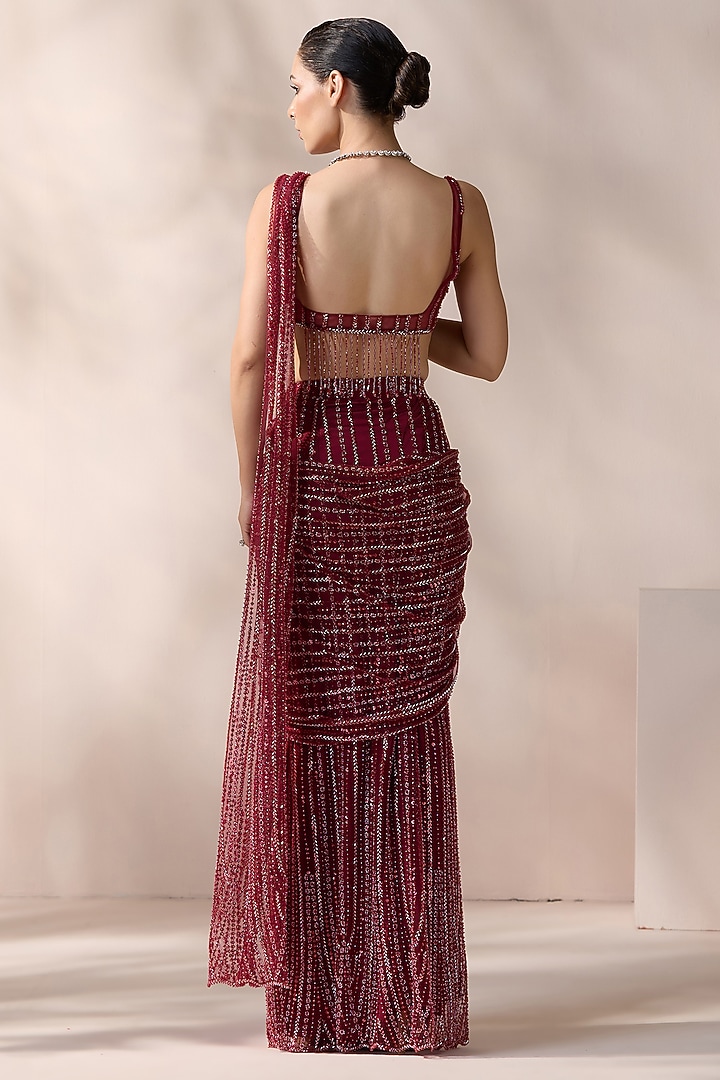 Red Net Embroidered Stitched Wedding Saree Set by Chaashni by Maansi and Ketan at Pernia's Pop Up Shop