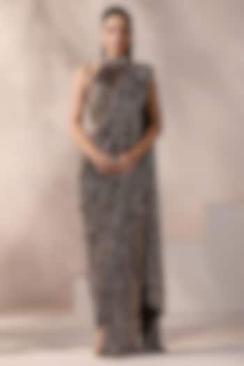 Black Imported Lycra & Net Embroidered Stitched Wedding Saree Set by Chaashni by Maansi and Ketan at Pernia's Pop Up Shop