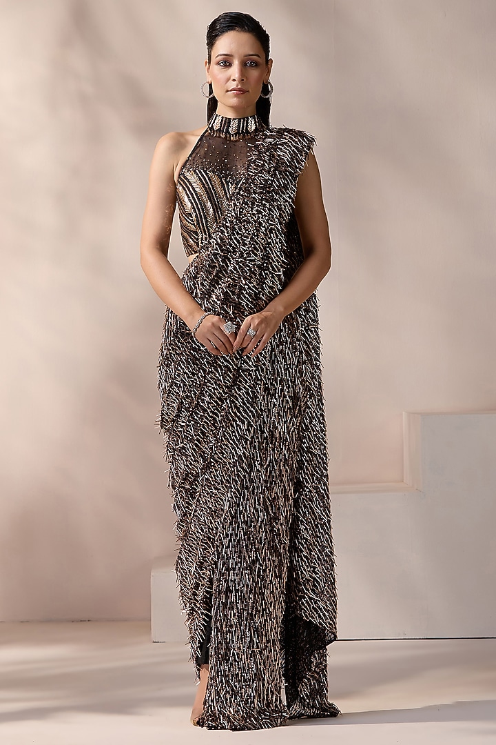 Black Imported Lycra & Net Embroidered Stitched Wedding Saree Set by Chaashni by Maansi and Ketan at Pernia's Pop Up Shop