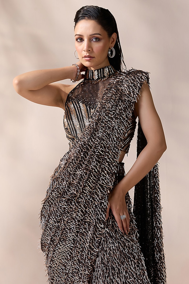 Black Imported Lycra & Net Embroidered Stitched Wedding Saree Set by Chaashni by Maansi and Ketan at Pernia's Pop Up Shop