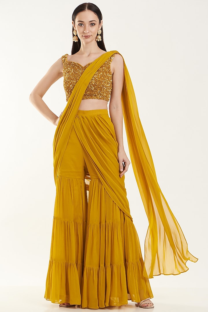 Yellow Pant Saree Set Design by Chaashni by Maansi and Ketan