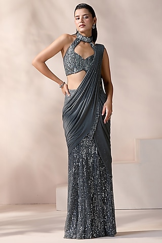 Grey Lycra & Net Embellished Pre-Stitched Saree Set by Chaashni by Maansi and Ketan