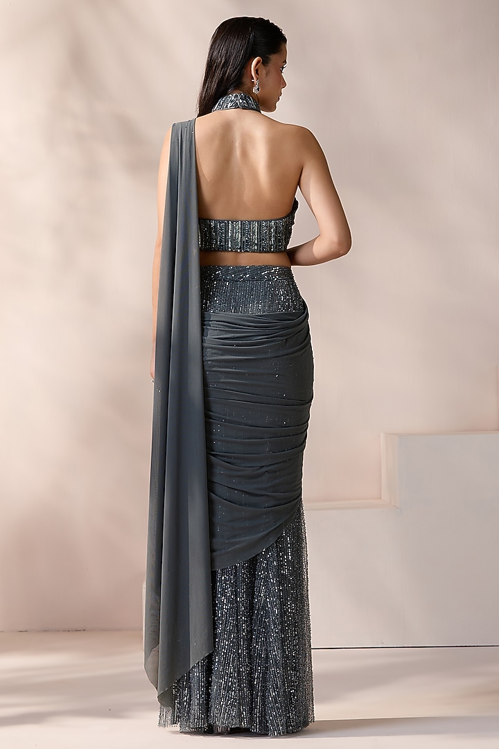 Grey Lycra & Net Embellished Pre-Stitched Wedding Saree Set by Chaashni by Maansi and Ketan at Pernia's Pop Up Shop